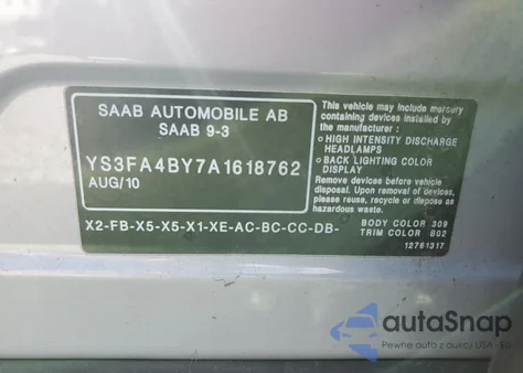 2010 Saab 9-3 2.0T from USA, damaged, VIN YS3FA4BY7A1618762